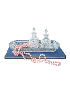 Vintage Vanity Accessories Set Clear Glass Perfume Bottles Scalloped Tray Decor